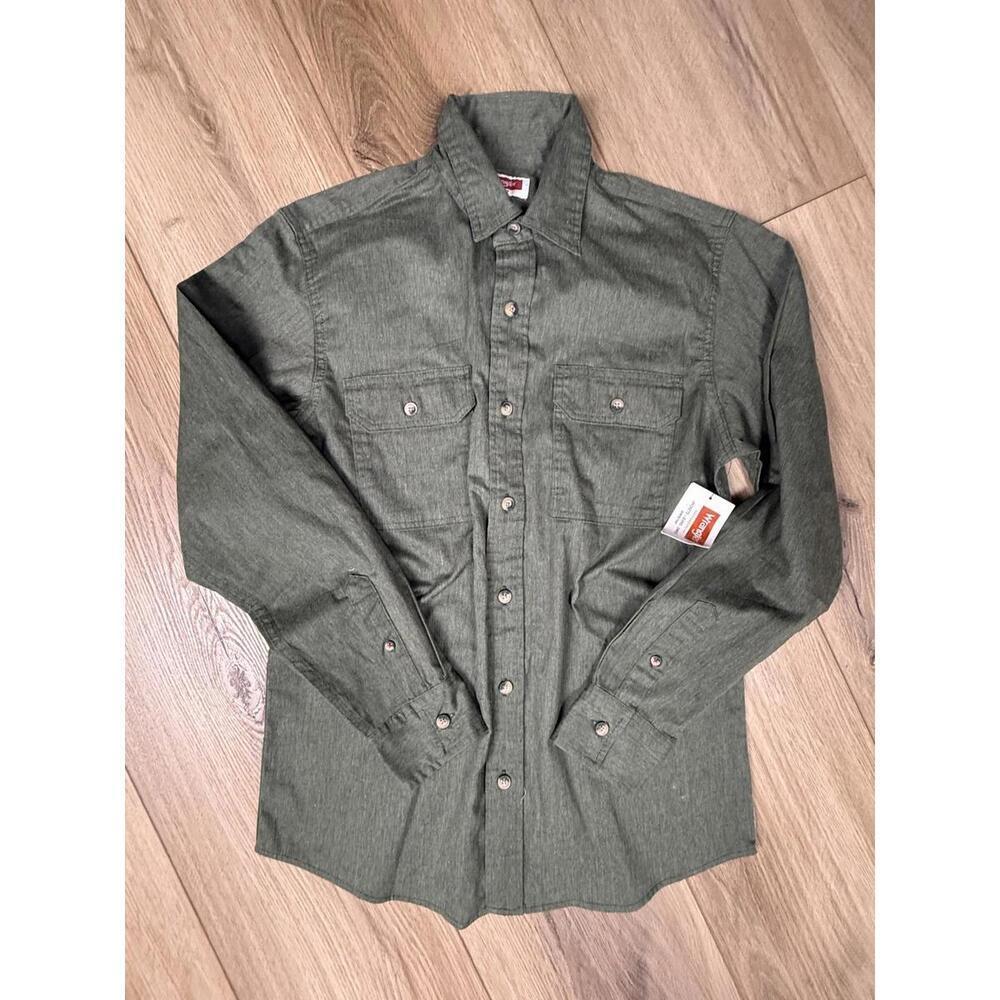 Wrangler Shirt Mens Small Green Solid Long Sleeve Button Front Stretch Workwear